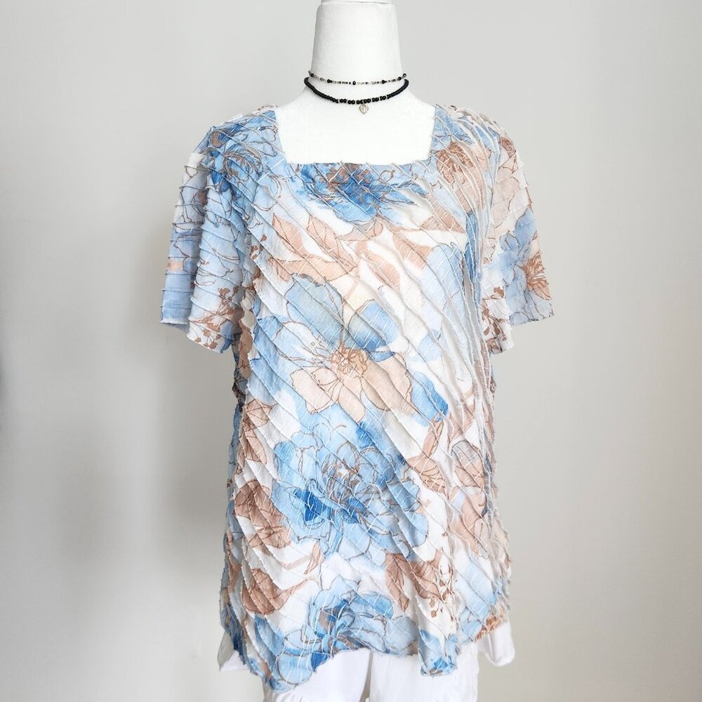 Y2K Pastel Blue Crinkle Boho Top Medium Petite Floral Cottagecore Fairy‎ Vtg 00s